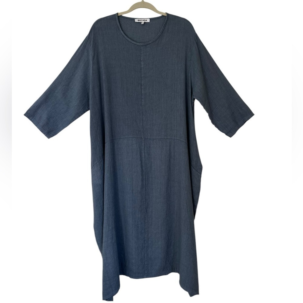 Becasa Linen Midi Dress Slate Blue Os Oversized Minimalist Pockets — image 6 of 8